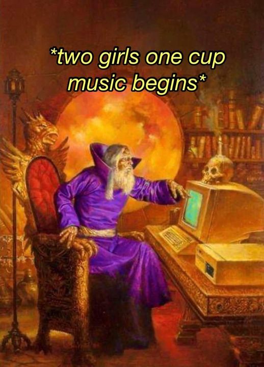 Dank meme of a wizard sitting at a computer. The text reads *two girls one cup music begins*.